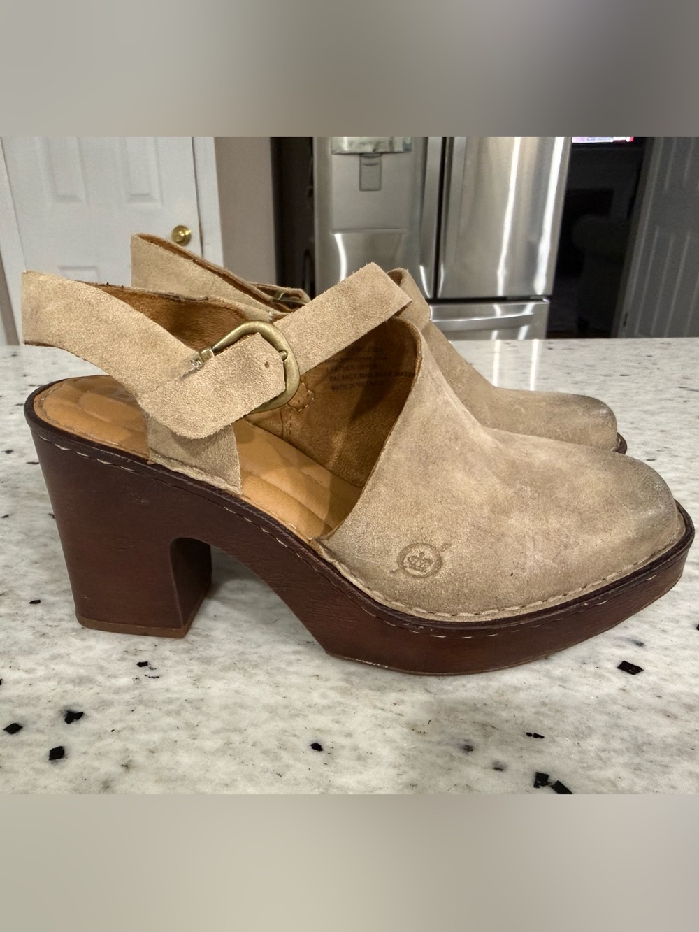 BORN Platform Suede Slingback Clogs in Beige